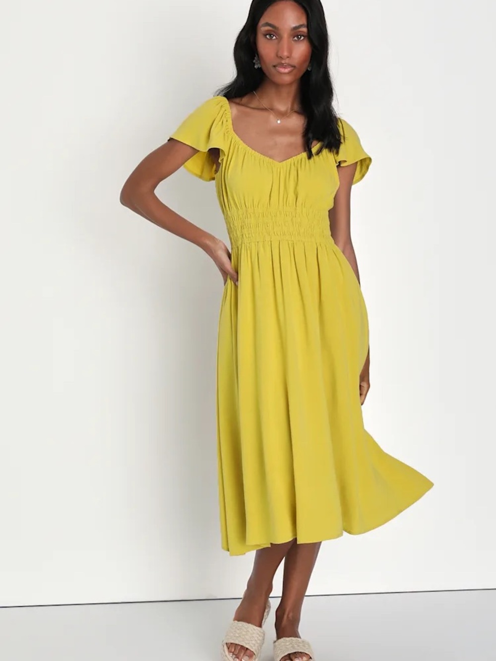 Lulu's Chartreuse Smocked Midi Dress